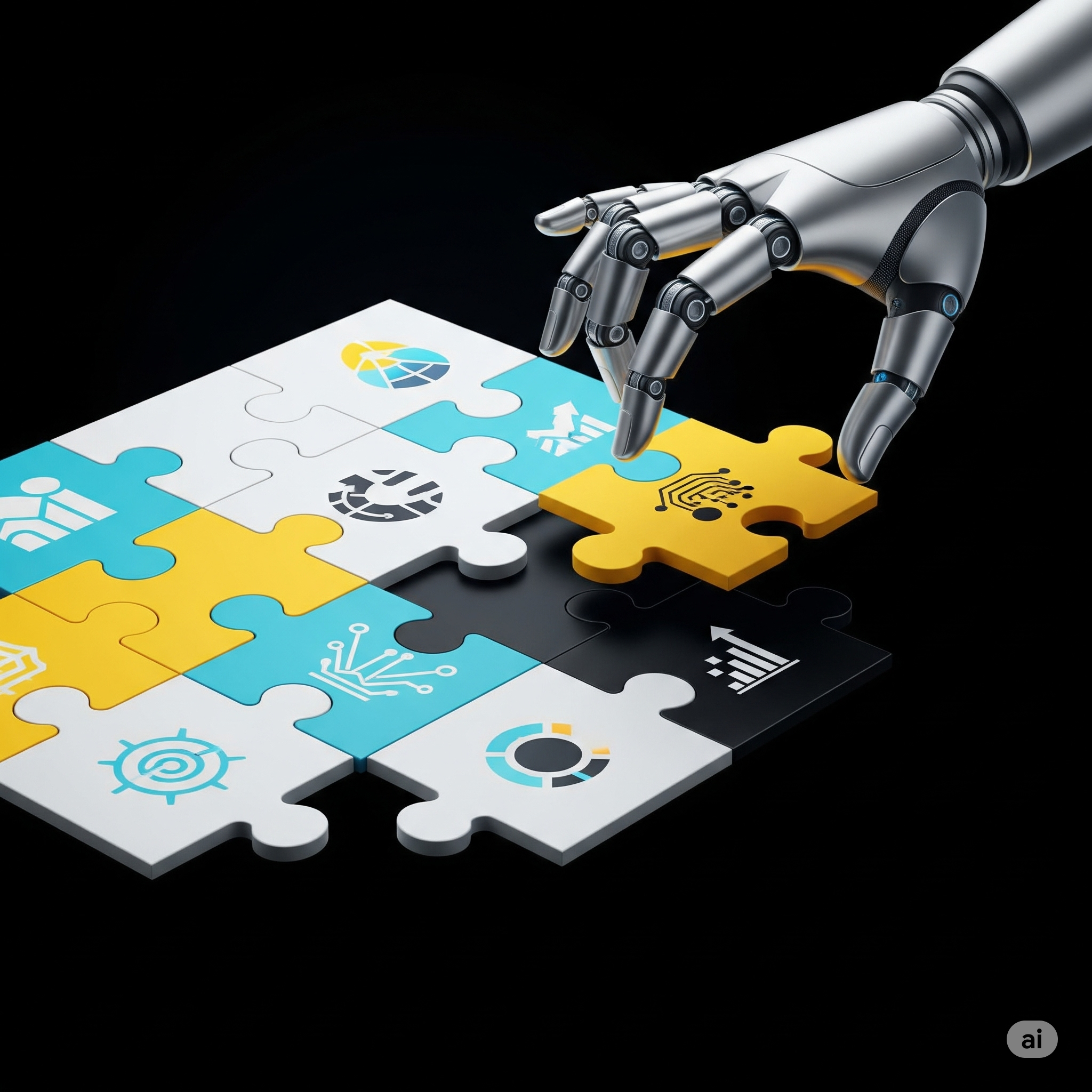 Mão robótica encaixando peça de quebra-cabeça, simbolizando solução de problemas com IA